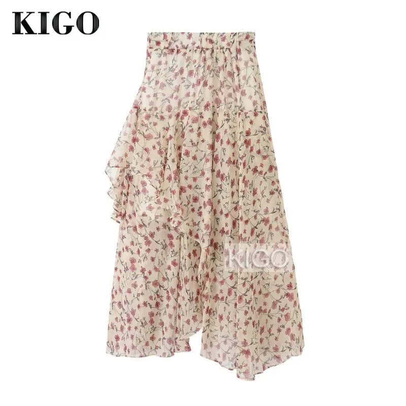 KIGO 2017 летняя винтажная Асимметричная юбка с цветочным принтом Пляжная шифоновая