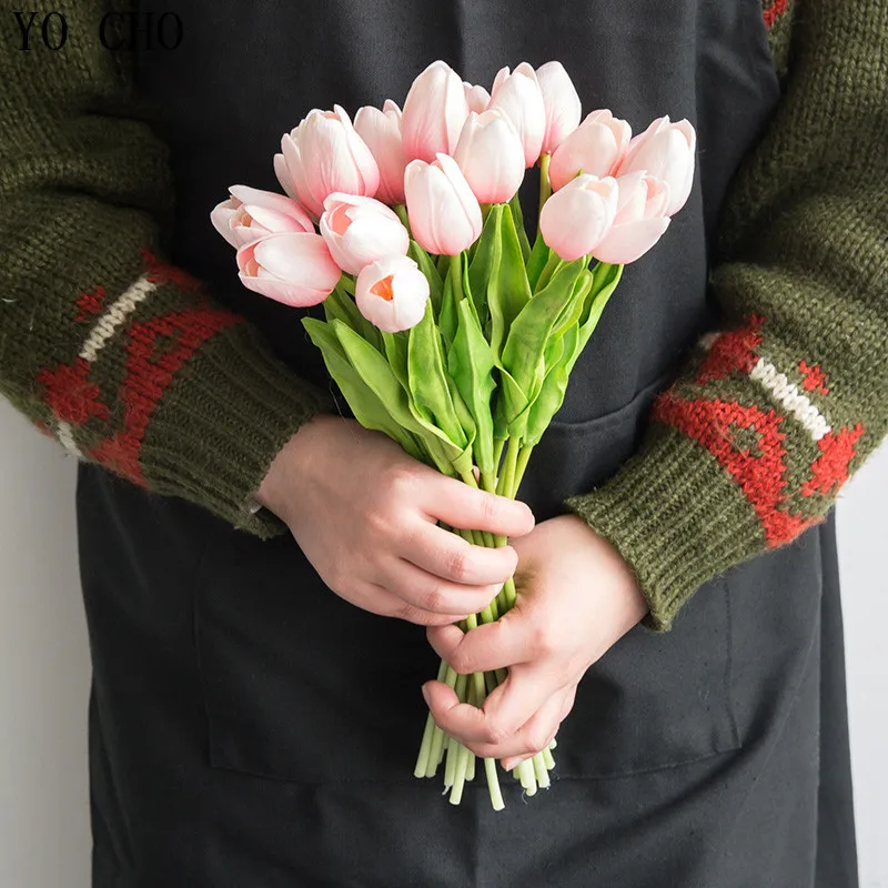 

YO CHO 31PCS/LOT PU Tulips Flores Artificiales Wedding Decoration Flower Mini Tulip Mothers Day Gift Decor Home 1 Head Two Leave