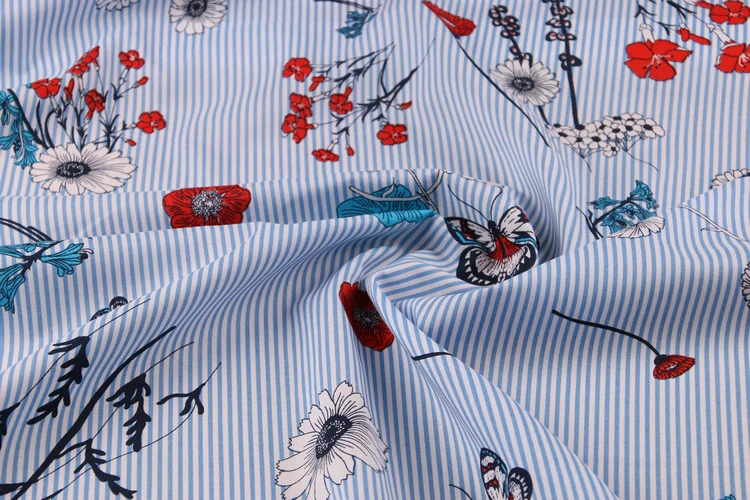 Полосатая ткань с цветочным принтом 100% хлопковая для женщин Платье или блузка