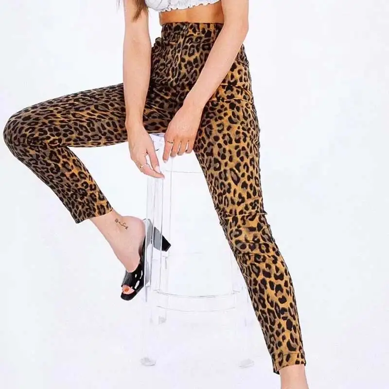 Бохо стиле с леопардовым принтом джинсы высокой талией пуговицу узкие брюки на
