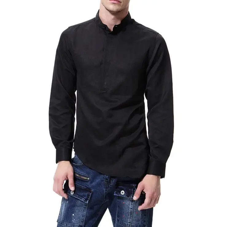 

2022 autumn new Men tide pullover top stand collar long sleeve shirt youth solid color Europe Size British Style Cotton shirts