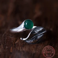 amxiu green chalcedony leave ring vintage antique silver ring s925 silver jewelry open rings for women mothers gift accessories