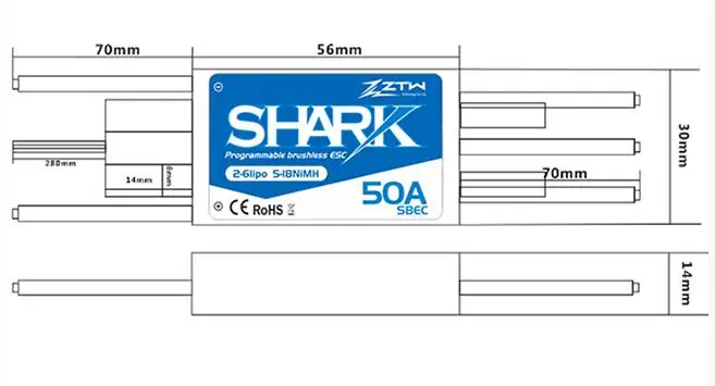 ZTW Shark 50A BEC водонепроницаемый бесщеточный ESC для лодки с системой водяного