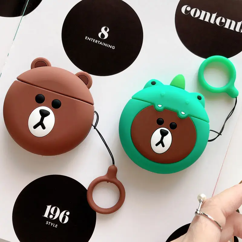 Для AirPods чехол 3D милый мультяшный динозавр коричневый медведь беспроводные наушники зарядная коробка крышка для Airpods 2 с кольцом на палец