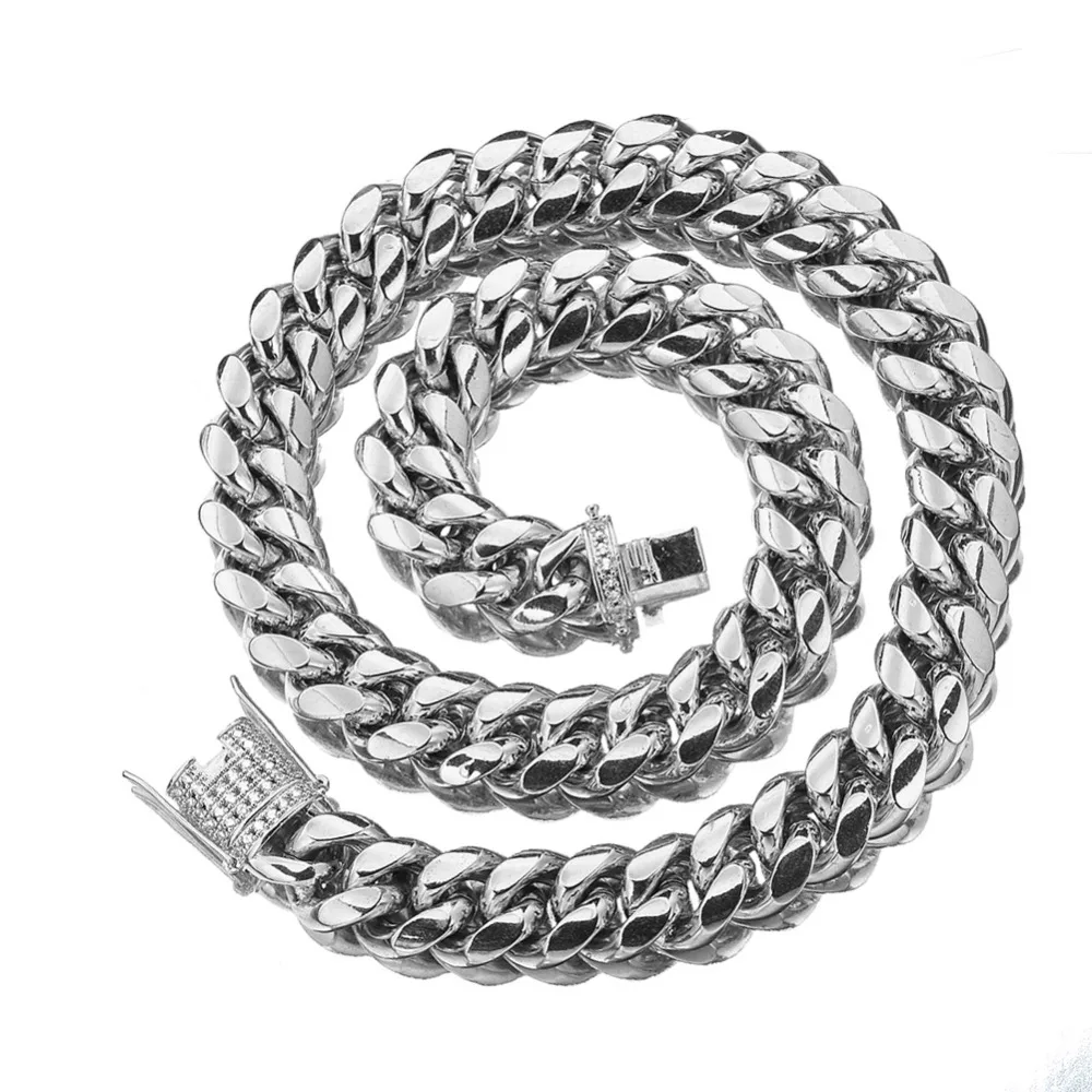 

8/10/12/14/16/18mm Hot Sell Men Boy Silver Tone Stainless Steel Miami Curb Link Chain Necklace Rhinestone Clasp