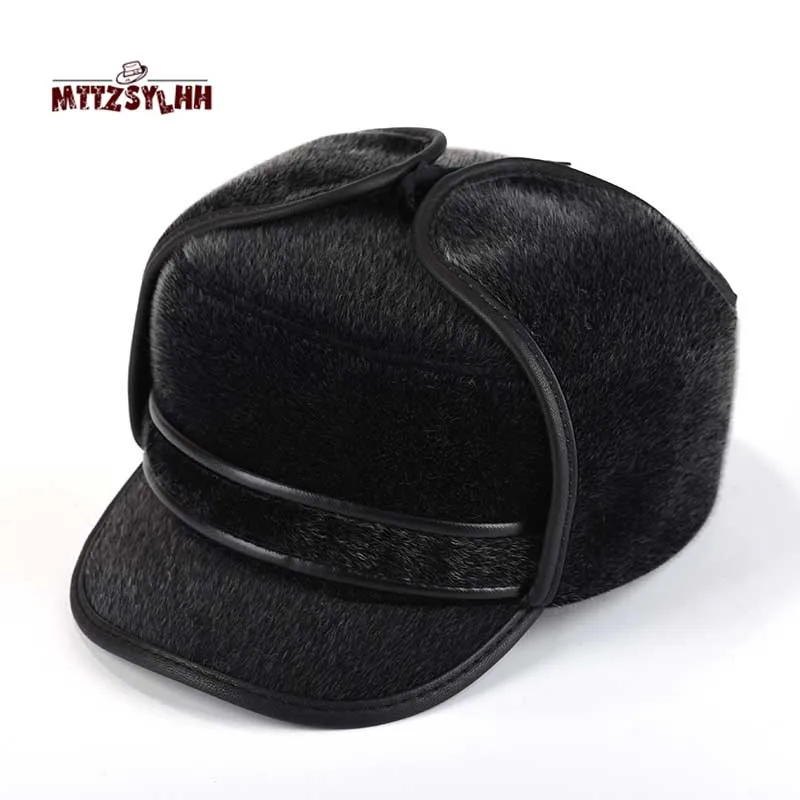 Winter padded flat-top aviator hat high-quality snow cap with long ear protection artificial leather outdoor warm men