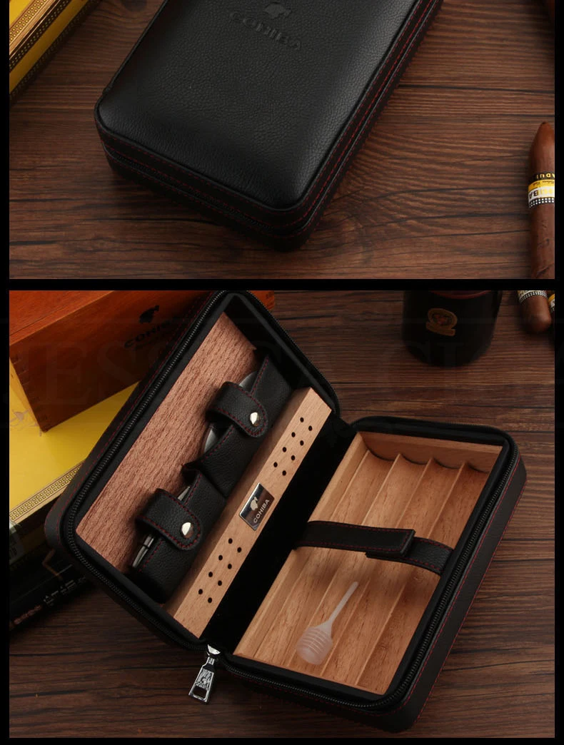 COHIBA, кедровое дерево, хьюмидор для сигар, портативный кожаный чехол коробка для сигар с зажигалкой, резак, увлажнитель, коробка для увлажнения