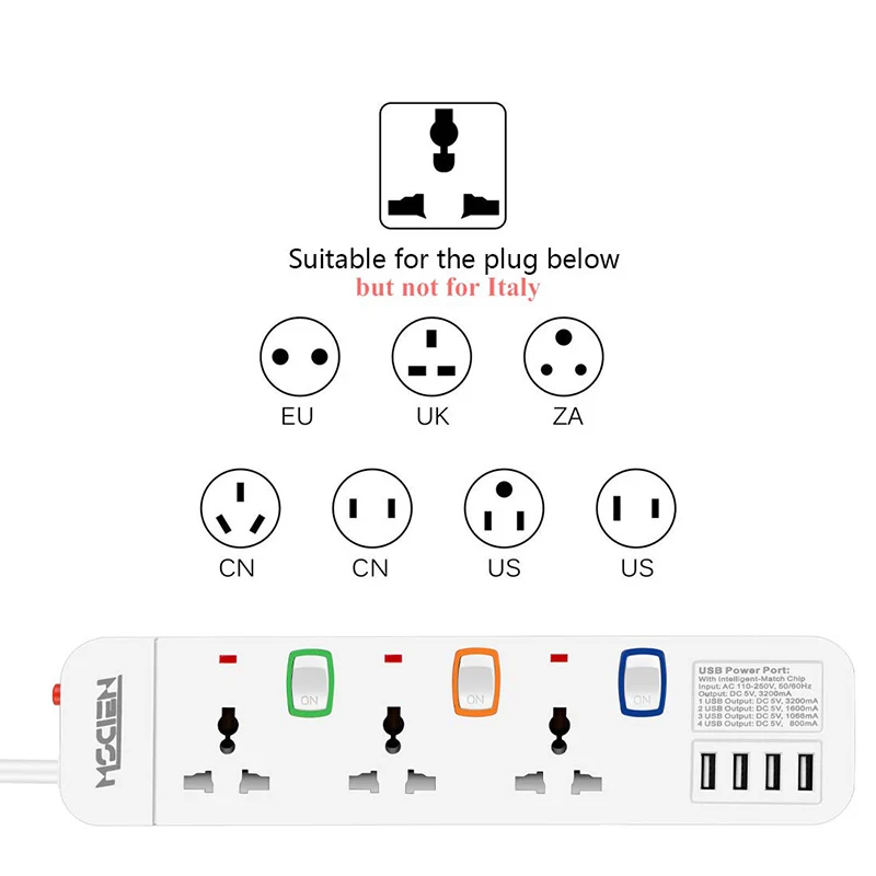 Удлинитель сетевой фильтр 3 индивидуально переключается с 4 Порты USB 3.2A Защита от
