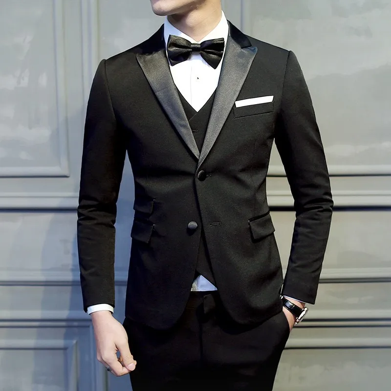 3 предмета (куртка + жилет брюки) черный смокинг мужские костюмы на выпускной