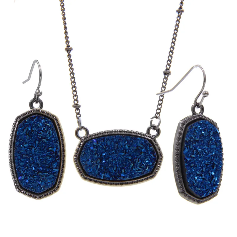 Blue YJX черный Мини переливающийся Drusy Druzy Овальный кулон ожерелья с Висячие серьги ювелирный набор блеск бутик - Окраска металла: Blue