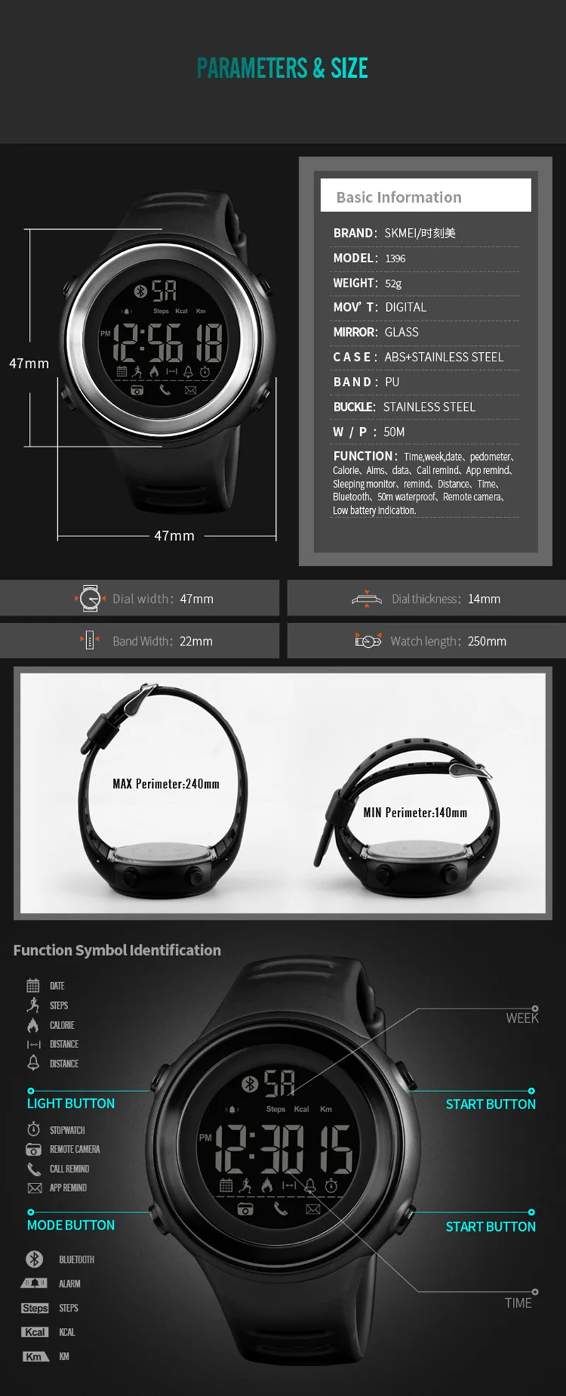 SKMEI новые мужские Цифровые Смарт-часы Bluetooth фитнес Шагомер Калорий спортивные часы водонепроницаемые сообщения напоминание смарт