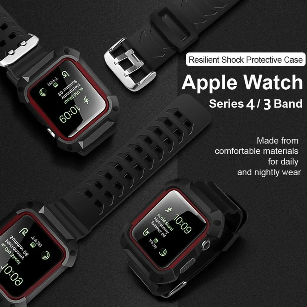 Хохлатая спортивный ремешок для Apple Watch 3 42 мм/38 мм для iwatch 3/2/1 запястье браслет резиновый ремешок для часов с защитный чехол