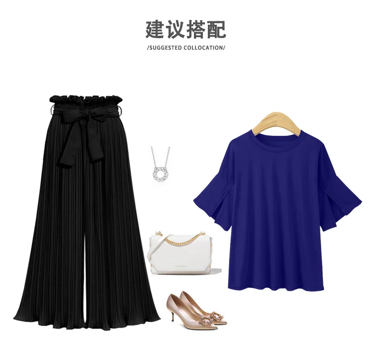 

Chiffon wide leg pants female 2019 summer new large size high waist wooden ear pleated wide leg pants nine pants