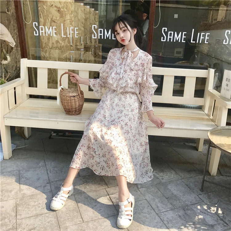 Mihoshop Ulzzang Корейская женская модная одежда с бантом и цветочным принтом милое