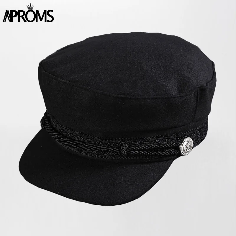 Aproms, черная шапка капитана с кружевной подкладкой, повседневный веревочный плоский головной убор, осенне-зимний классный праздничный берет для девочек, женская одежда, аксессуары - Цвет: Черный