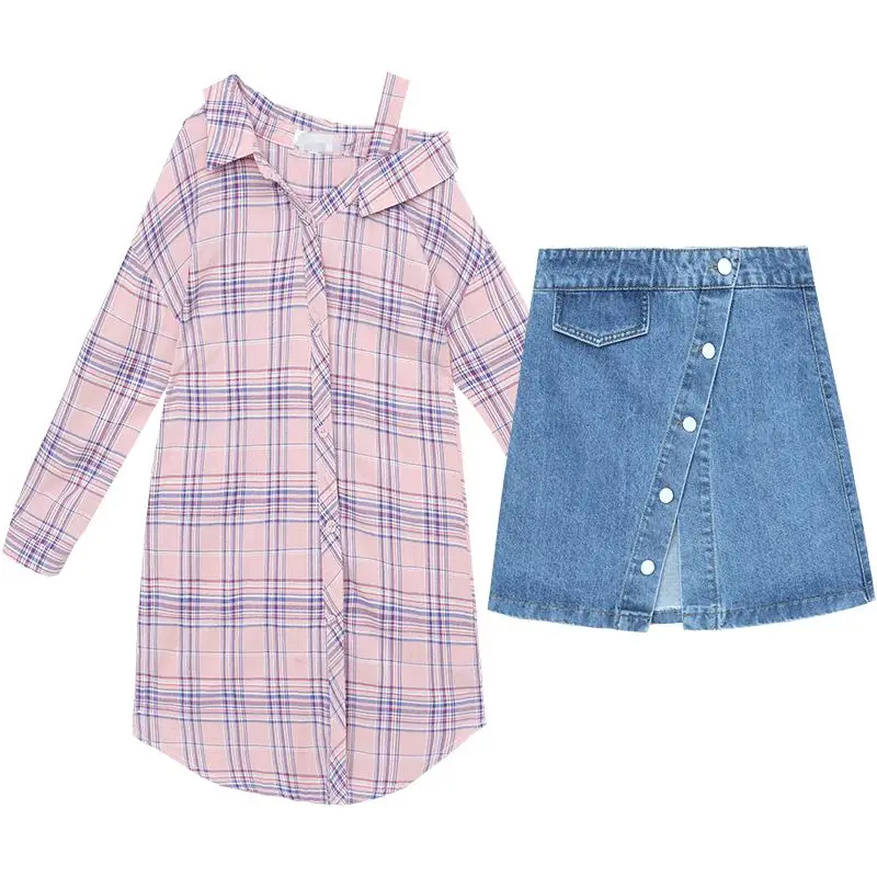 Женский костюм из 2 предметов длинная клетчатая Футболка с воротником-лодочкой и