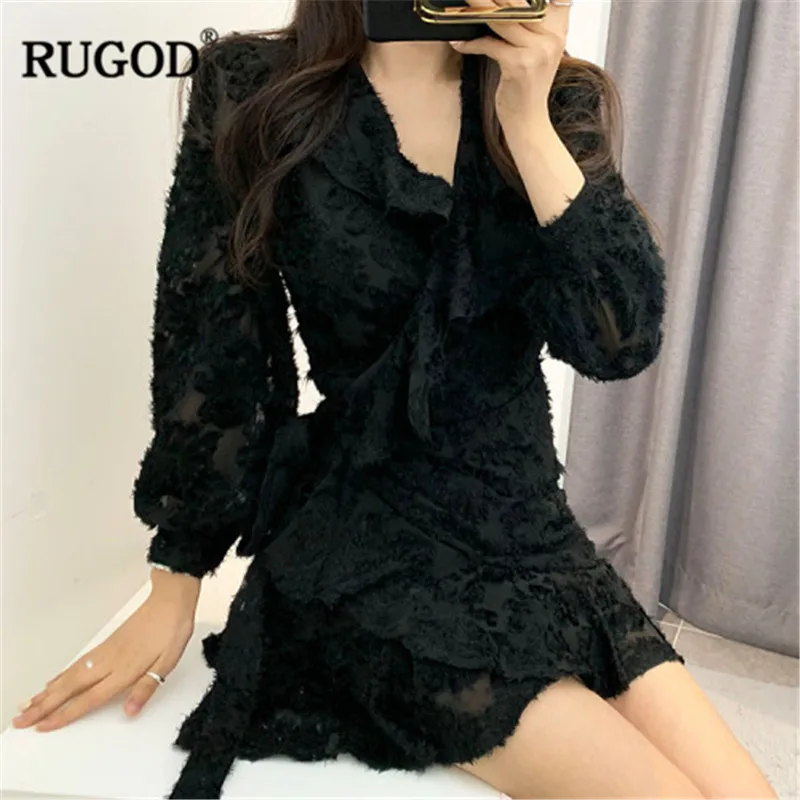 RUGOD 2019 элегантные женские кружевное платье с v-образным вырезом длинными рукавами