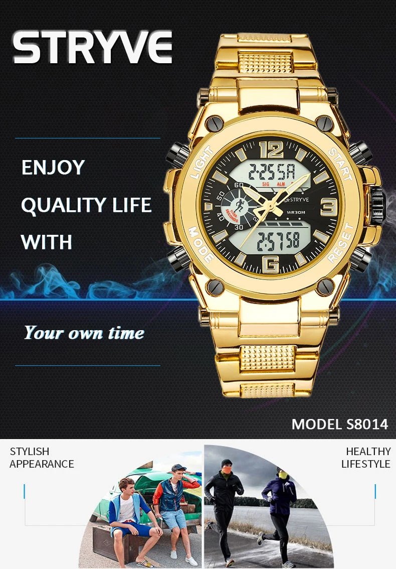 STRYVE спортивные часы для мужчин модные золотые большой циферблат Мужские s часы 30 м водонепроницаемый Военная Дата Двойной дисплей наручные часы Relogio Masculino