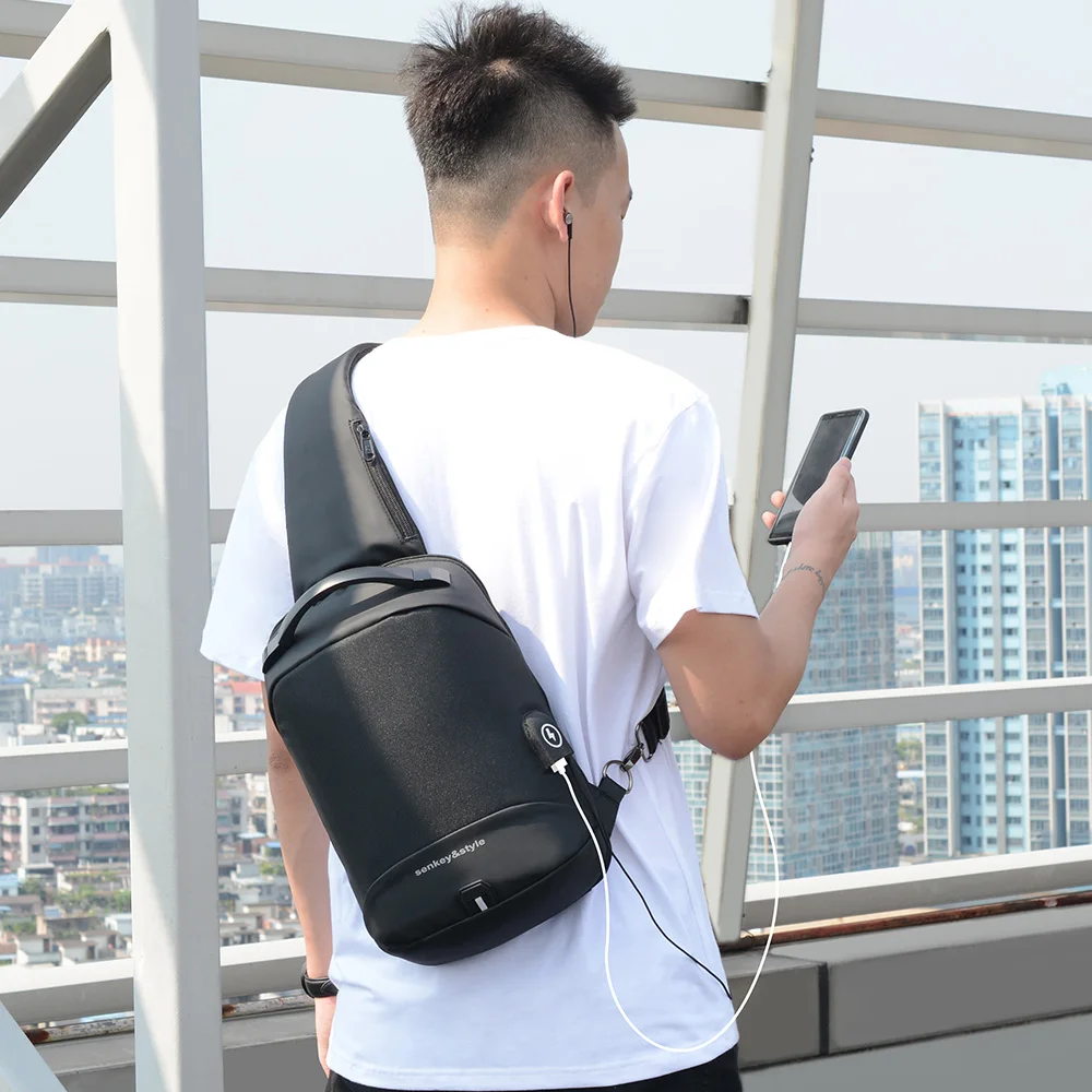 

(Drop shipping)Business Men Chest Pack Cool Boy Messenger Bag Black Gray Man Chest Bags with extend USB & Listening cable (X378)