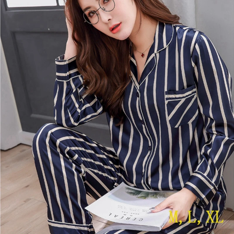 Smmoloa Полосатая Шелковая пара пижамы атласная пижамы|silk pyjamas|pyjama setsleepwear set |