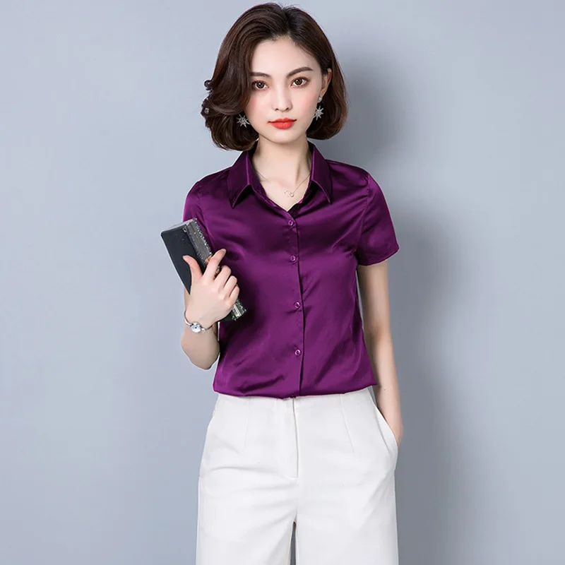Purple short sleeve Новинка, женская шелковая атласная блузка, на пуговицах, с отворотом, с длинным рукавом, рубашки для девушек, для офиса, для работы, элегантные женские топы, высокое качество, блузки 3XL - Цвет: Purple short sleeve