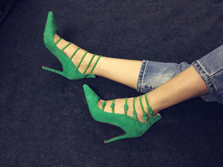 

European Rome Stylish Factory Price Women High Heels Green Color Summer Suede Sandals Big Size 34-43