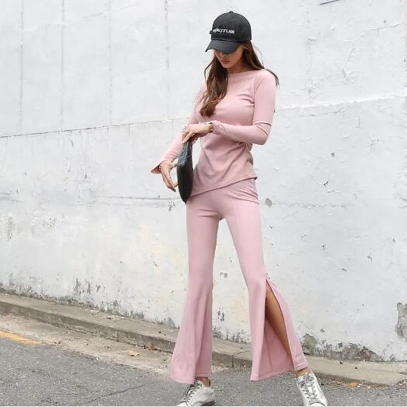 

2021 Autumn Hot Sale Full O-neck New Fashion Cotton Casual Suit Female Slim Was Thin Split Flared Pants Sweater Two-piece
