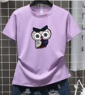 Purple Женская футболка с милым принтом совы, весна-лето, стиль, короткий рукав, круглый вырез, женские топы, Повседневная тонкая футболка для женщин - Цвет: Purple