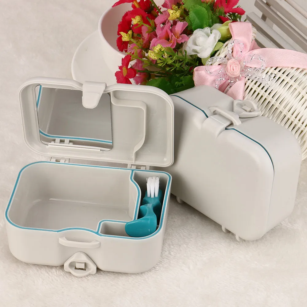 

New 1 set Denture False Teeth Storage Box Case With Mirror and Clean Brush Dental Appliance no23