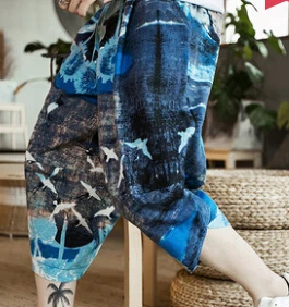 

Chinese style linen cropped trousers pants shorts embroidery print summer loose
