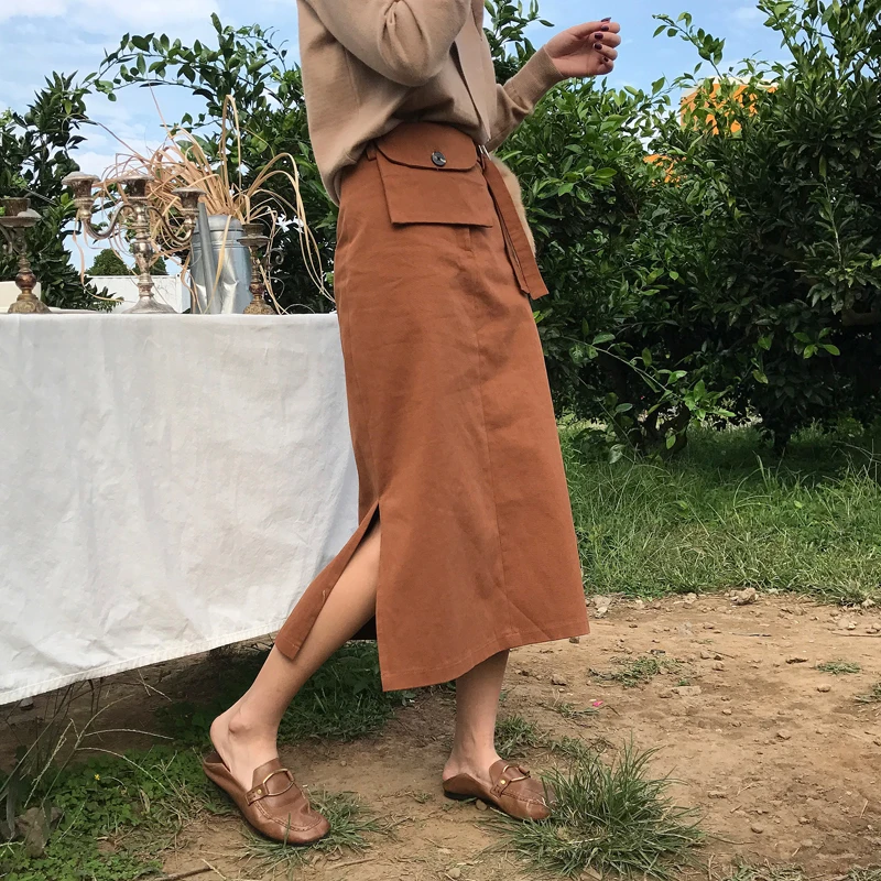 brown TWOTWINSTYLE, туника на шнуровке, миди юбки для женщин, осень, высокая талия, большой размер, трапециевидная юбка с карманами, Женская свободная одежда с разрезом - Цвет: brown