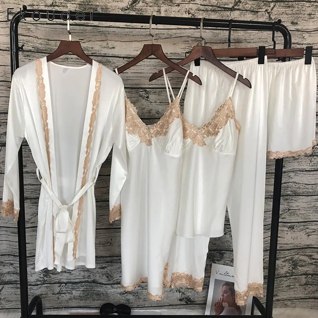 white Ekouaer, Женский комплект пижамы из 5 предметов, мягкая ночная рубашка, халат с v-образным вырезом, топы, шорты, штаны, пижамные комплекты, сексуальное кружевное ночное белье, Пижама - Цвет: white