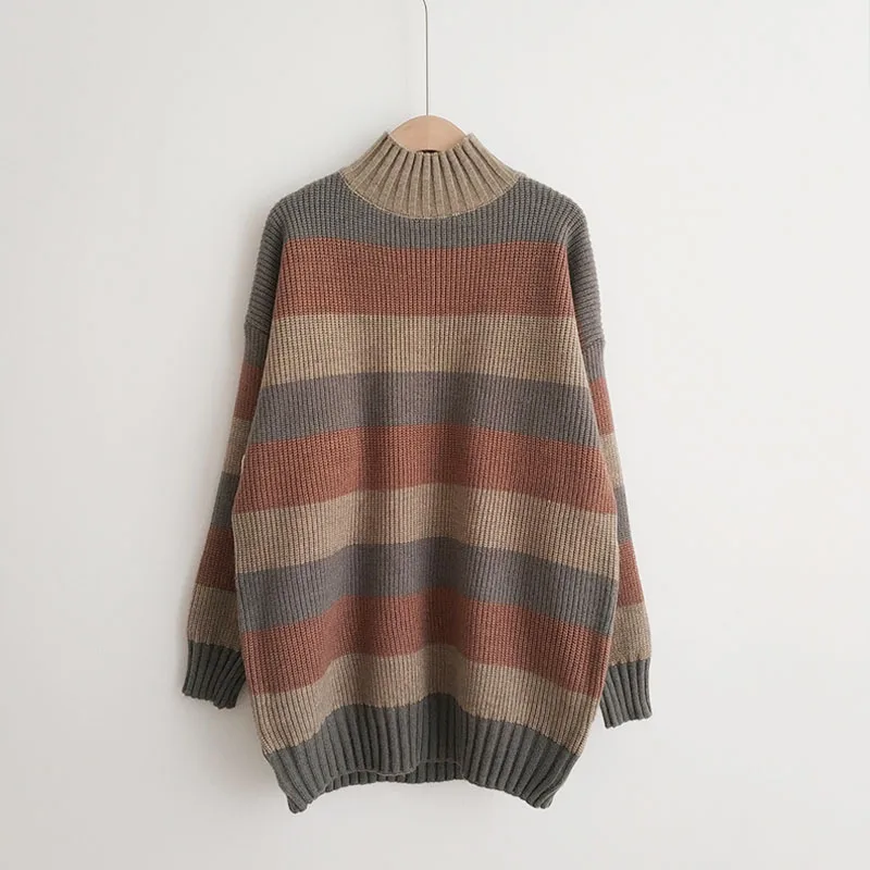 Женский свитер с высоким воротом H.SA разноцветный свободный в полоску длинным