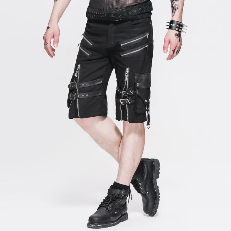 Punk Gothic Men Causual Shorts Zipper Personality Fashion Knee Length Shorts Men's Casual Summer Short Pants