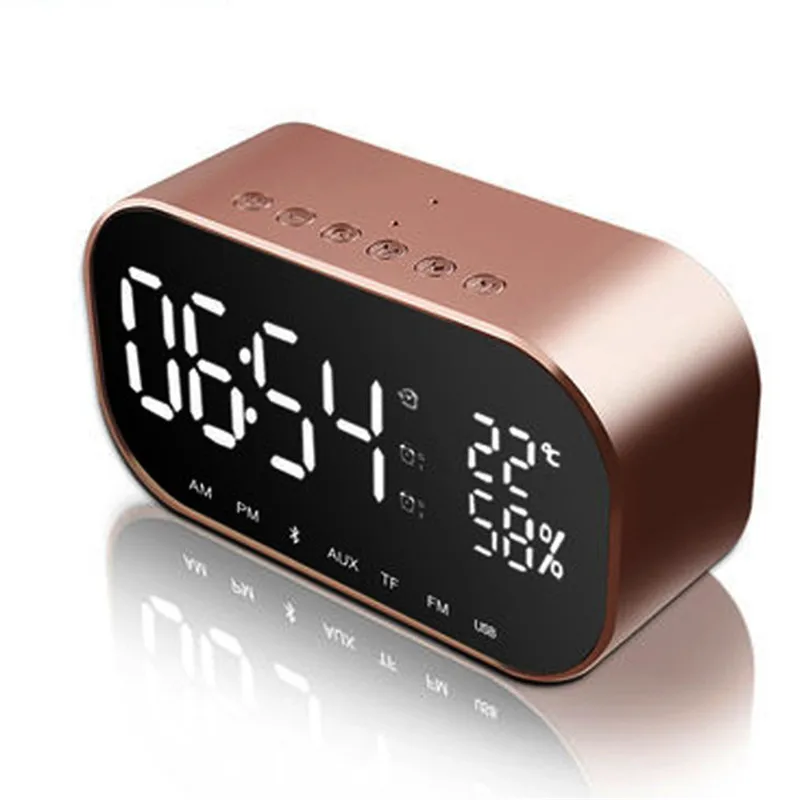 rose gold New LED Alarm Clock With FM Radio Wireless Bluetooth Speaker Support Aux TF USB Music Player Wireless For Office Bedroom - Color: rose gold