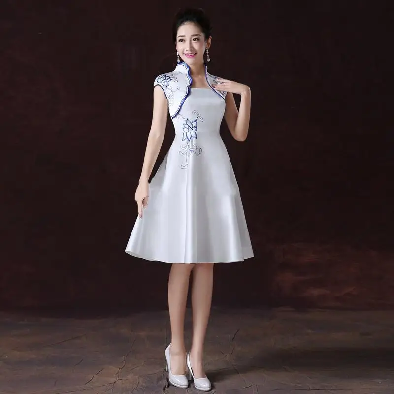Белый женский цветок Qipao восточный женский улучшенный Cheongsam китайский невесты печатных атласное свадебное платье vestidos XS-XXL - Цвет: White5