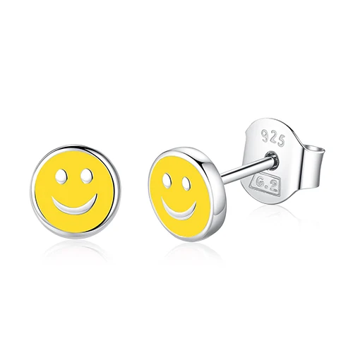 YELLOW BELAWANG 925 пробы серебряные серьги-гвоздики для женщин девочек розовый желтый Эмаль Улыбка серьги в виде лица ювелирные изделия подарок для детей - Окраска металла: YELLOW