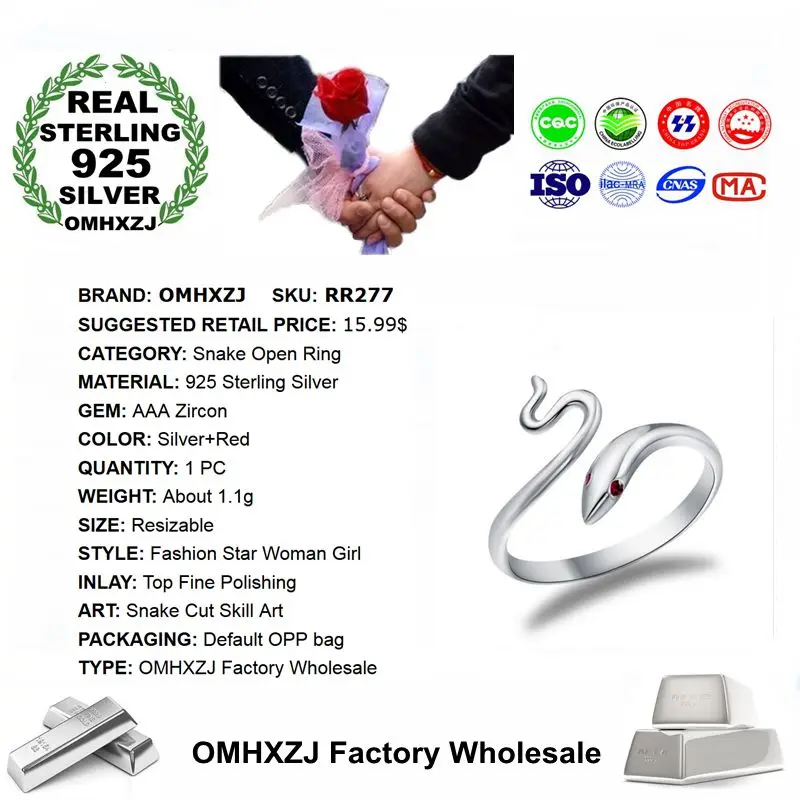 OMHXZJ Wholesale European Fashion Woman Girl Party Wedding Gift Silver Red Snake AAA Zircon Open 925 Sterling Ring RR277 | Украшения и