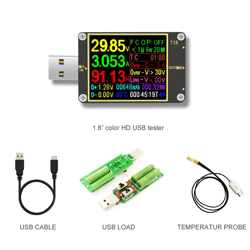 add NTC load cable 18 в 1 USB тестер T18 цифровой вольтметр Амперметр voltimetro dc мощность вольт метр ток напряжение доктор 1," PD qc3.0 детектор - Цвет: add NTC load cable