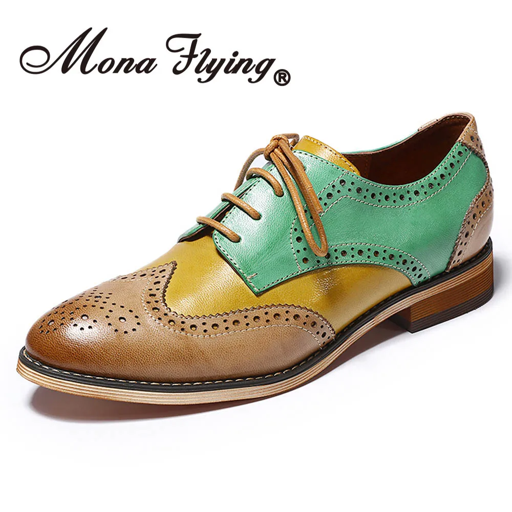 Mona Flying/Женские Кожаные Туфли-оксфорды ручной работы разноцветные туфли дерби на шнуровке для женщин, B098-6 для девочек - Цвет: Brown-Yellow-Grey