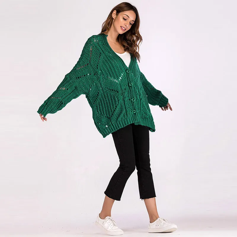 HDY Haoduoyi 2018 Winter Women Sweater Pink Thin Mesh V neck Cardigans Loose Casual Knitted Tops Single Button Open stitch lady |