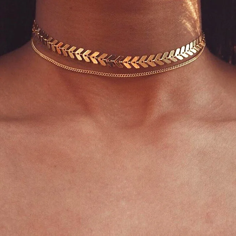 

Fashion Arrow Choker Chain Necklace Women Gold Silver Fishbone Plane Geometric Double Layered Necklace Jewelry