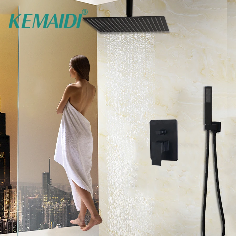 

KEMAIDI 8 12 16 Inch Black Shower Rainfall 3 Way Shower Faucet Bathtub Rain Square Shower Head Waterfall Spout Shower Faucet Set