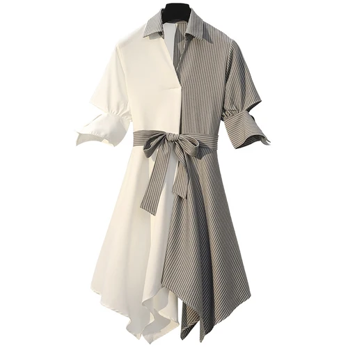 Свободное OL короткое Полосатое летнее платье с вырезами открытыми плечами бантом и поясом длиной до колена