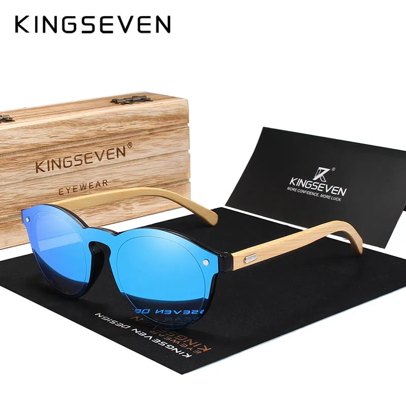 KINGSEVEN натуральные бамбуковые солнцезащитные очки с защитой от УФ защитные очки, деревянные солнцезащитные очки, фирменный дизайн, солнцезащитные очки с Деревянный чехол - Цвет линз: BLUE  Bamboo