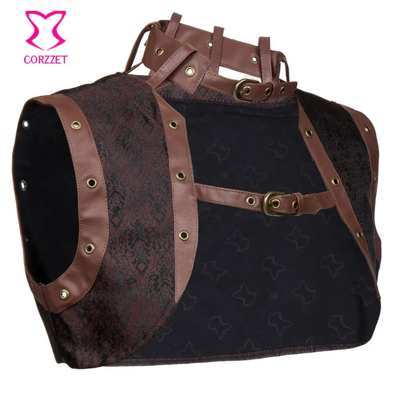 Пикантная коричневая парча без рукавов с кожаным воротником куртка в стиле