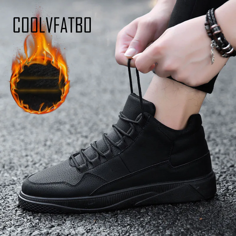 Black-Fur COOLVFATBO Мужская Вулканизированная обувь; зимняя обувь на плоской подошве; теплые плюшевые удобные мужские кроссовки; замшевая мужская обувь на шнуровке - Цвет: Black-Fur