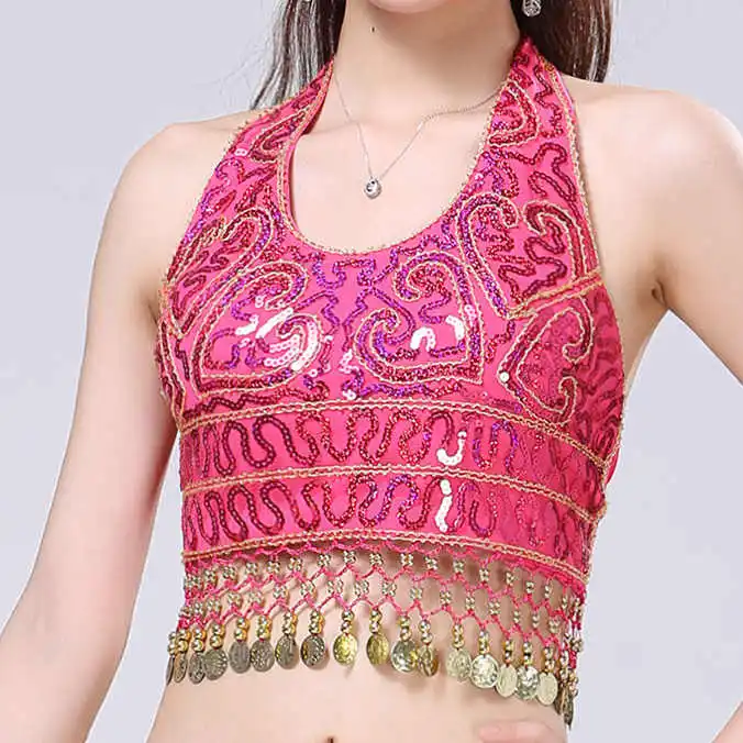 fuchsia Новая женская одежда для танца живота, без рукавов, с бретельками, аксессуары для костюма, с пайетками, с бахромой, топ, бюстгальтер, свободный размер - Цвет: fuchsia