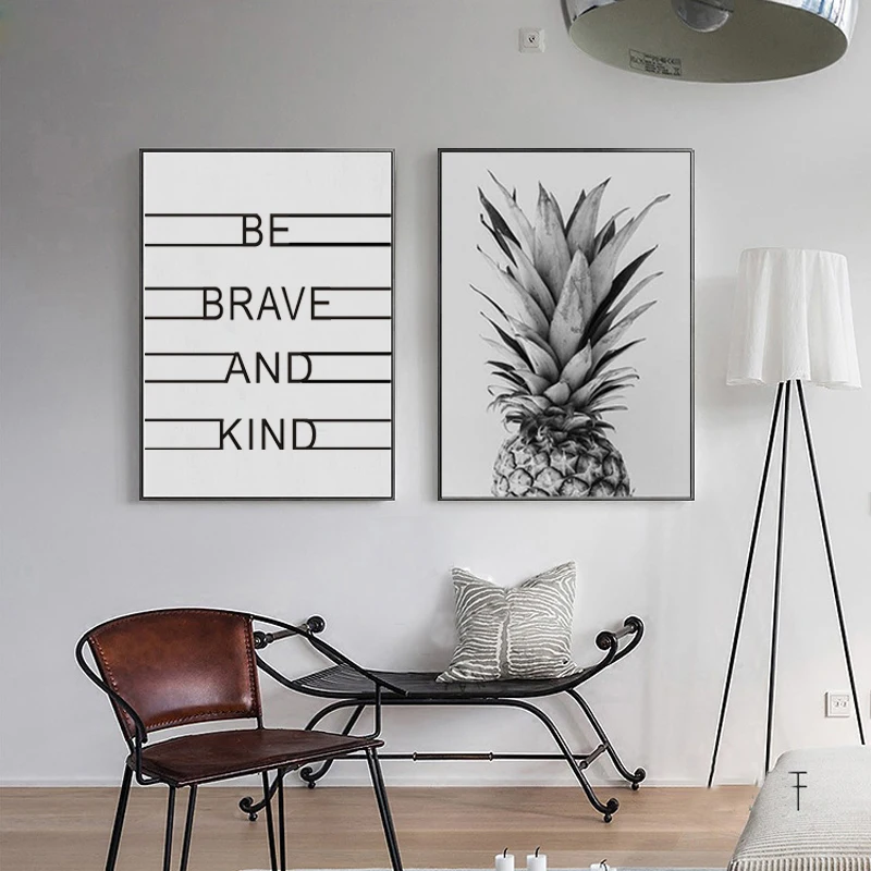 

Pineapple Be Brave and Kind Quotes Classic Canvas Painting Black White Nordic Wall Art Picture for Kids Rooms Home Decoration