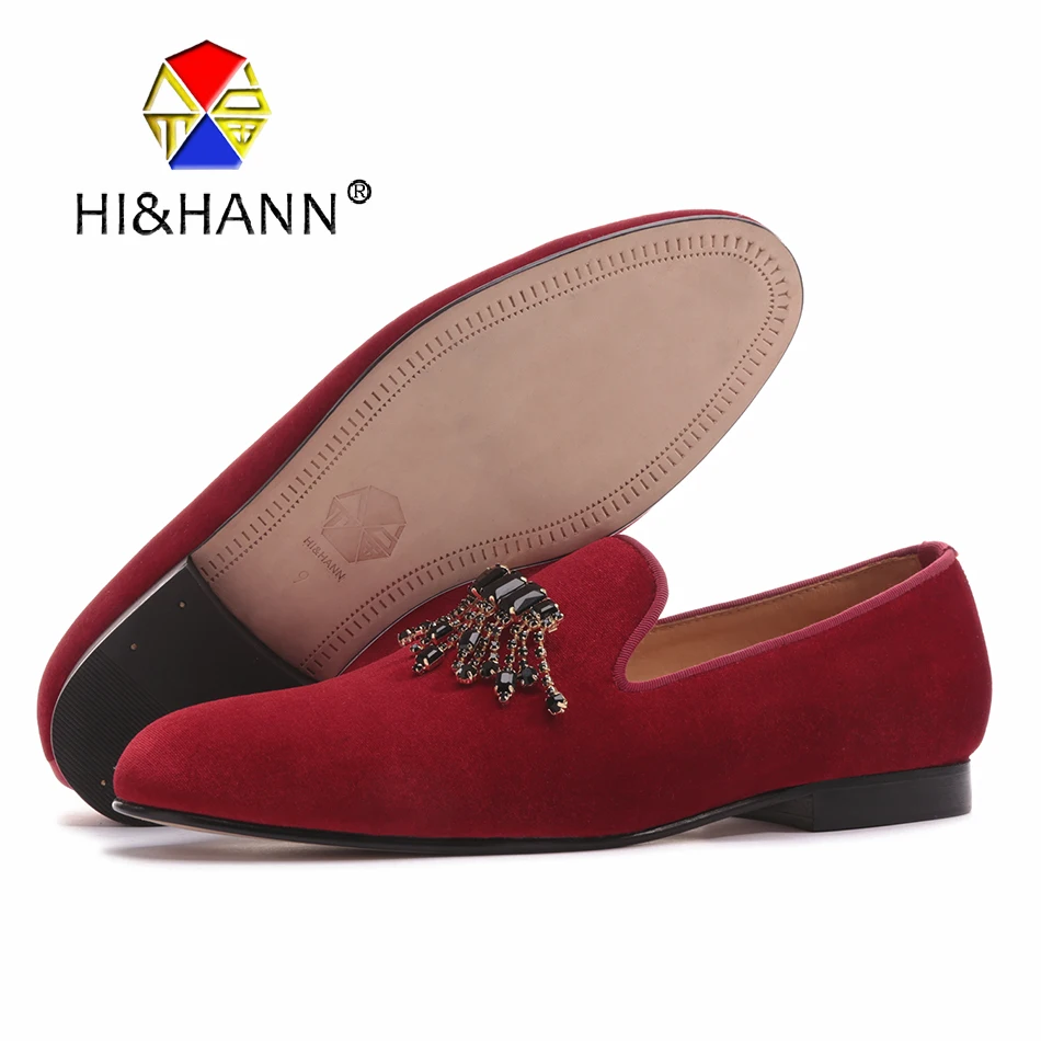 new high grade red velvet handmade men shoes with black rhinestone Chains classic banquet loafers male dress | Обувь